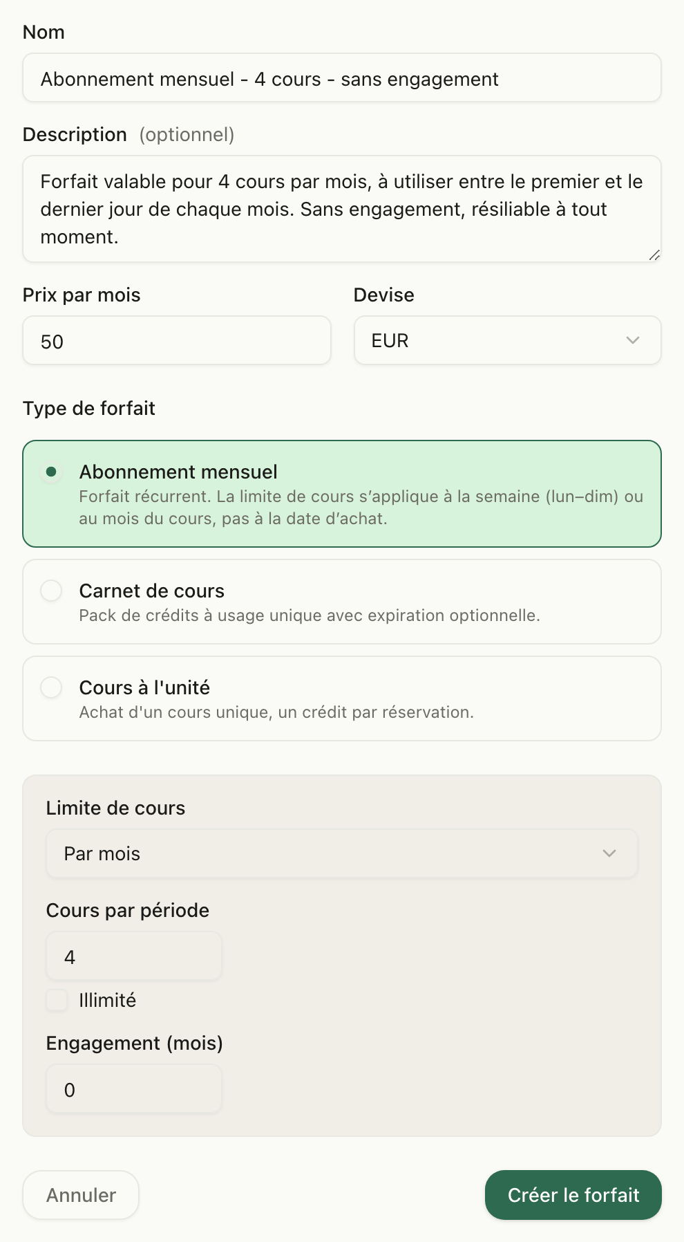 Formulaire d'un abonnement mensuel